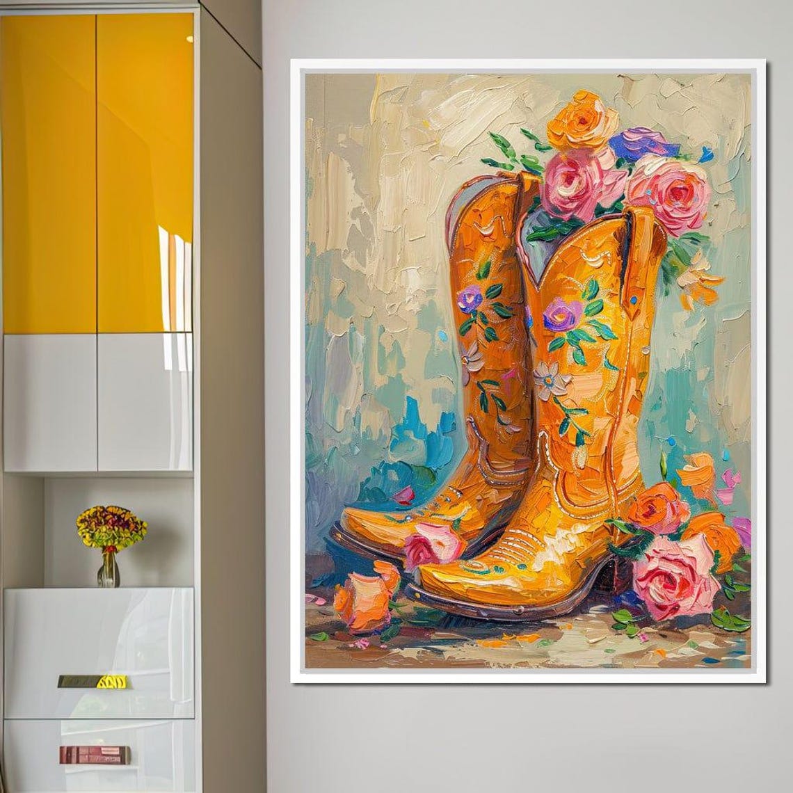 Yellow Embroidered Cowboy Boots Flowers Western Rustic Wall Poster - Image 3