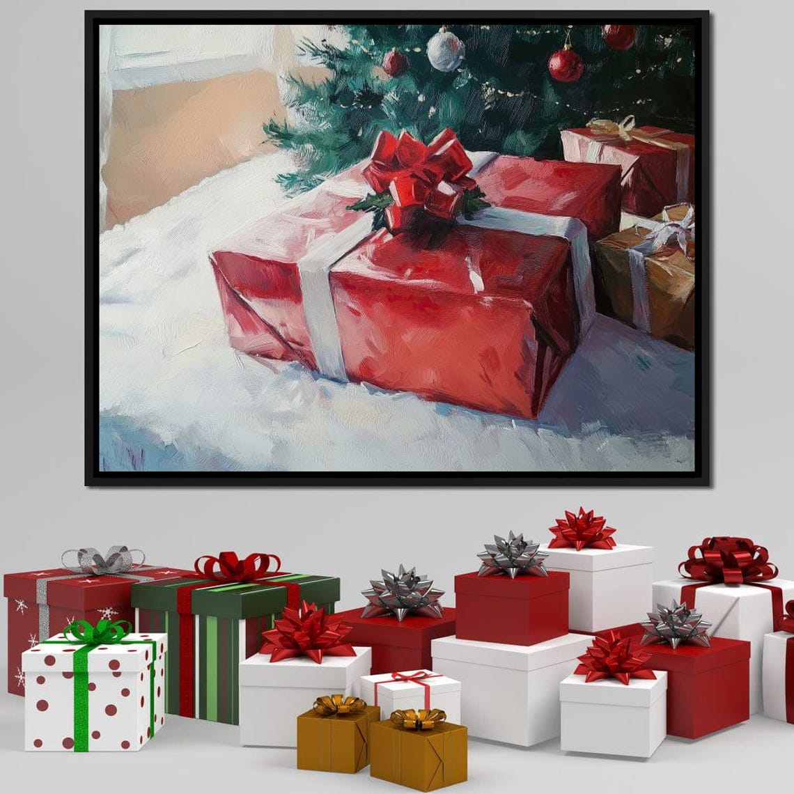 Red Christmas Gifts Under Decorated Tree Festive Holiday Art Poster