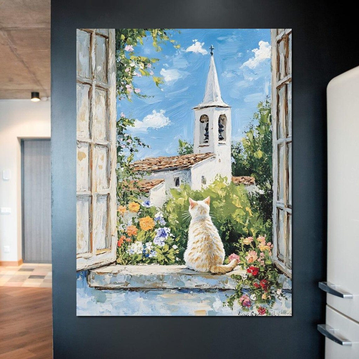 White Cat Window View Village Church Flowers Cozy Garden Scene Art Poster - Image 2