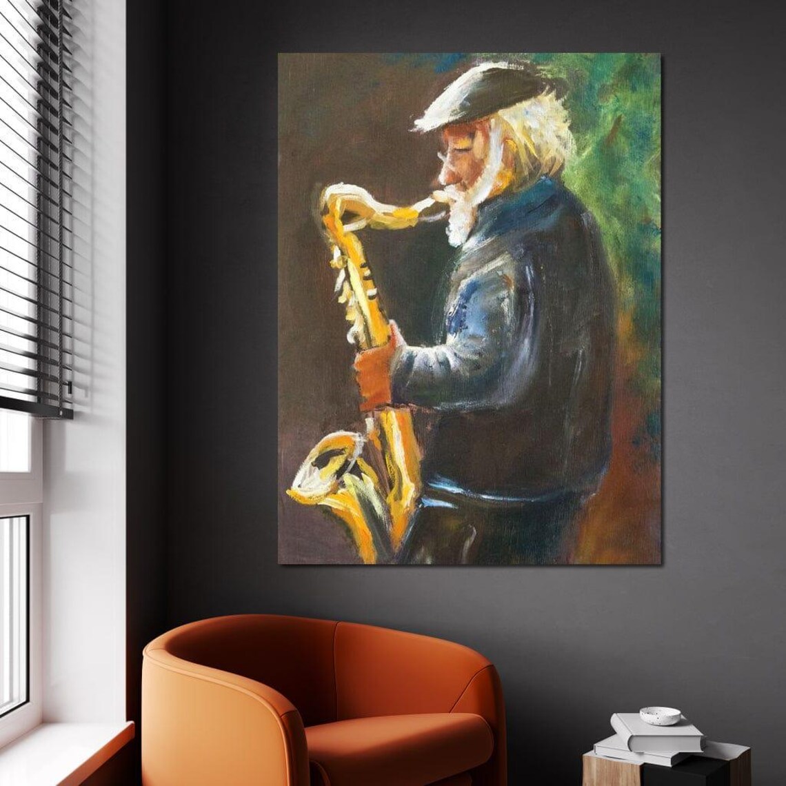 Saxophone Player Elderly Jazz Musician Impressionist Painting Moody Wall Art - Image 4