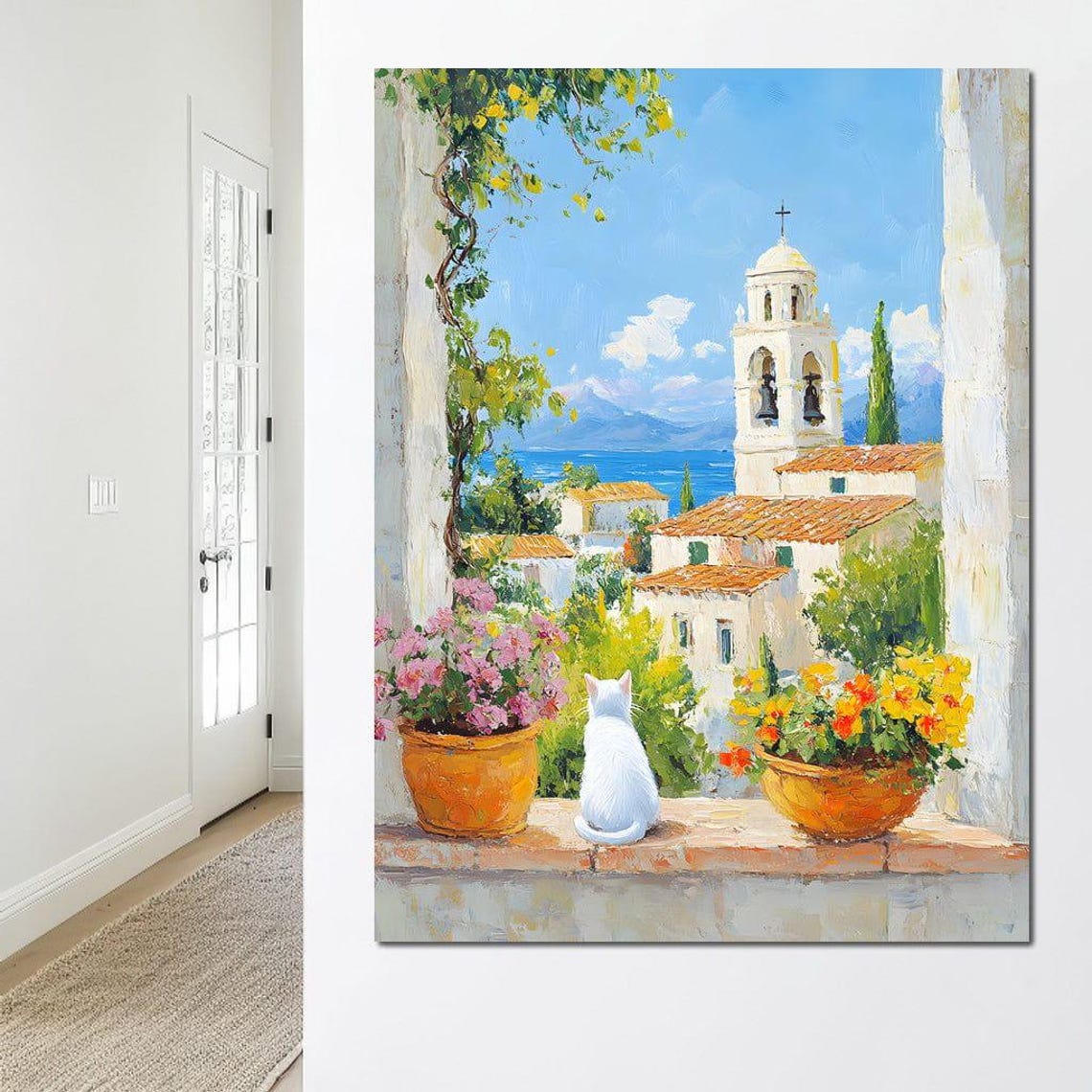 White Cat On Mediterranean Village Windowsill Coastal Poster - Image 3