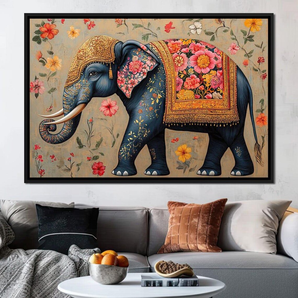 Royal Blue Elephant Gold Floral Ornate Bohemian Decorative Poster