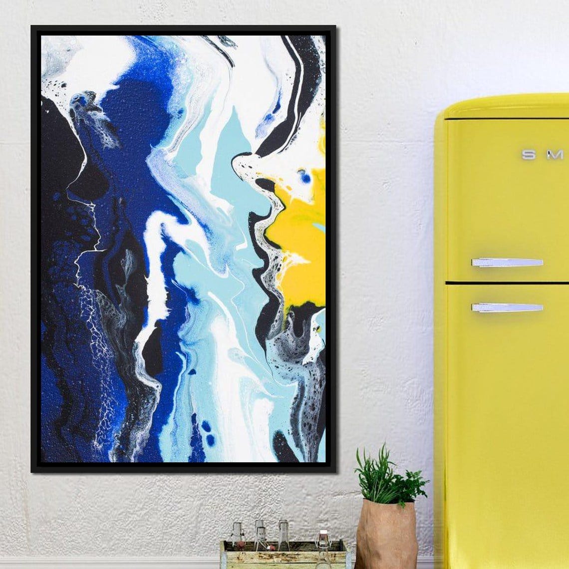 Navy Blue Yellow White Fluid Marble Abstract Painting Wall Art