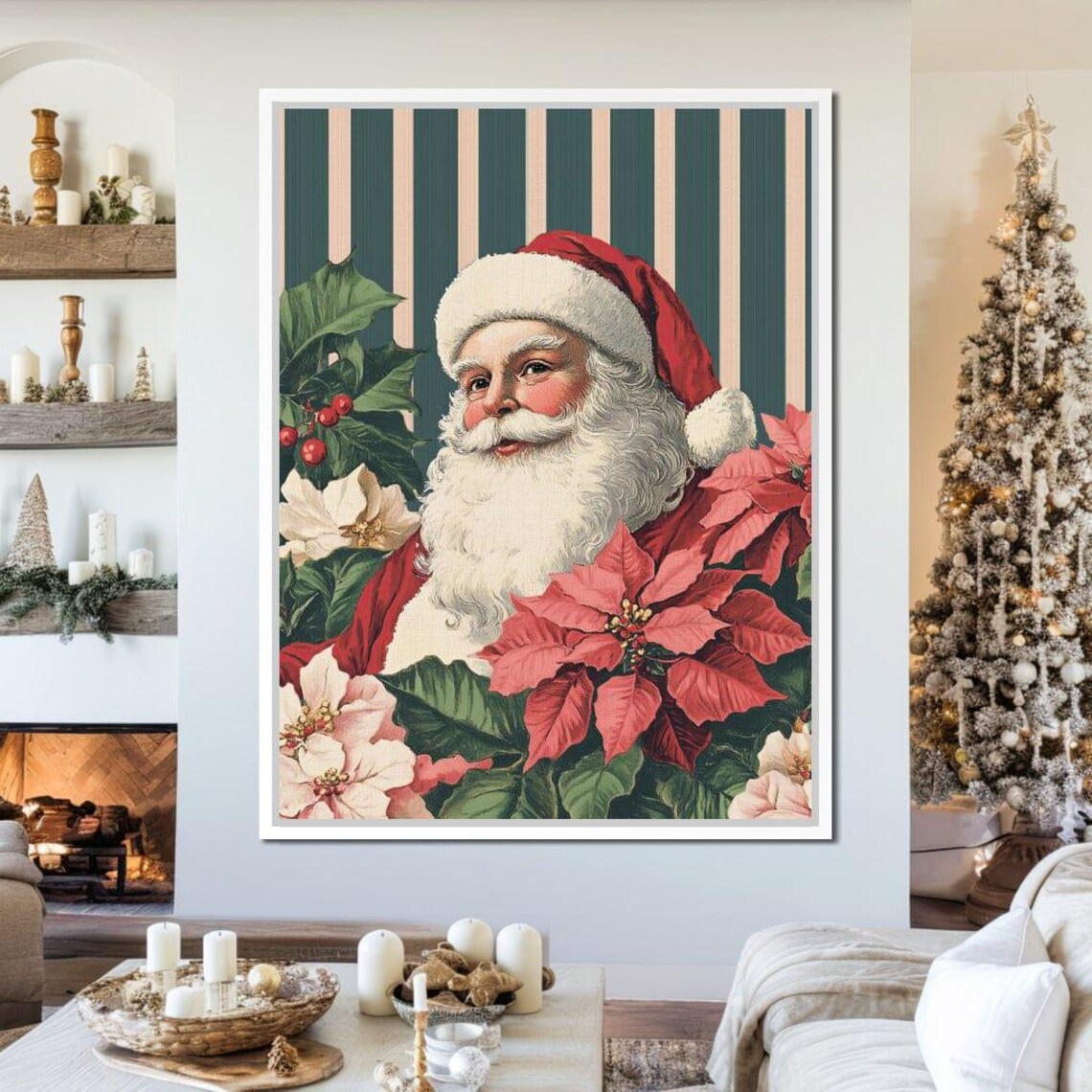 Vintage Santa Smiling With Poinsettias Retro Christmas Poster - Image 3