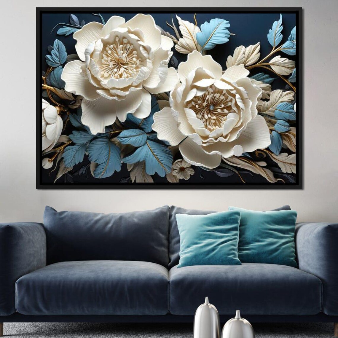 White 3D Peony Paper Flowers Blue Gold Leaves Dark Floral Wall Art - Image 4