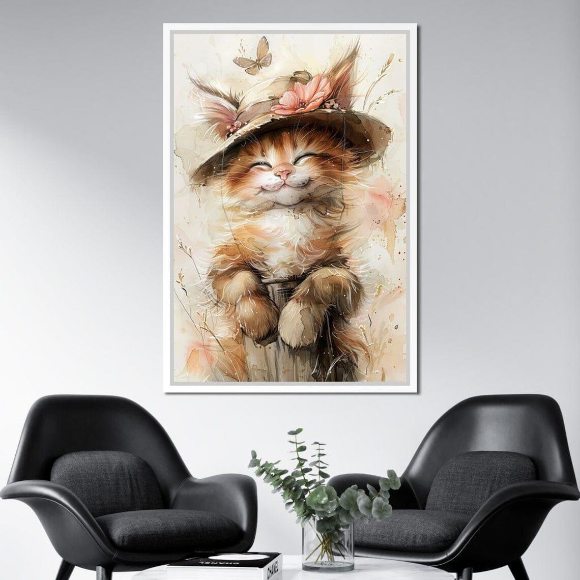 Watercolor Kitten Wearing Floral Straw Hat Autumn Butterfly Art Poster - Image 3