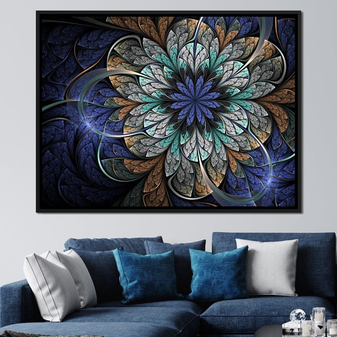 Blue Gold Fractal Mandala Flower Geometric Bloom Modern Art Poster - Image 3
