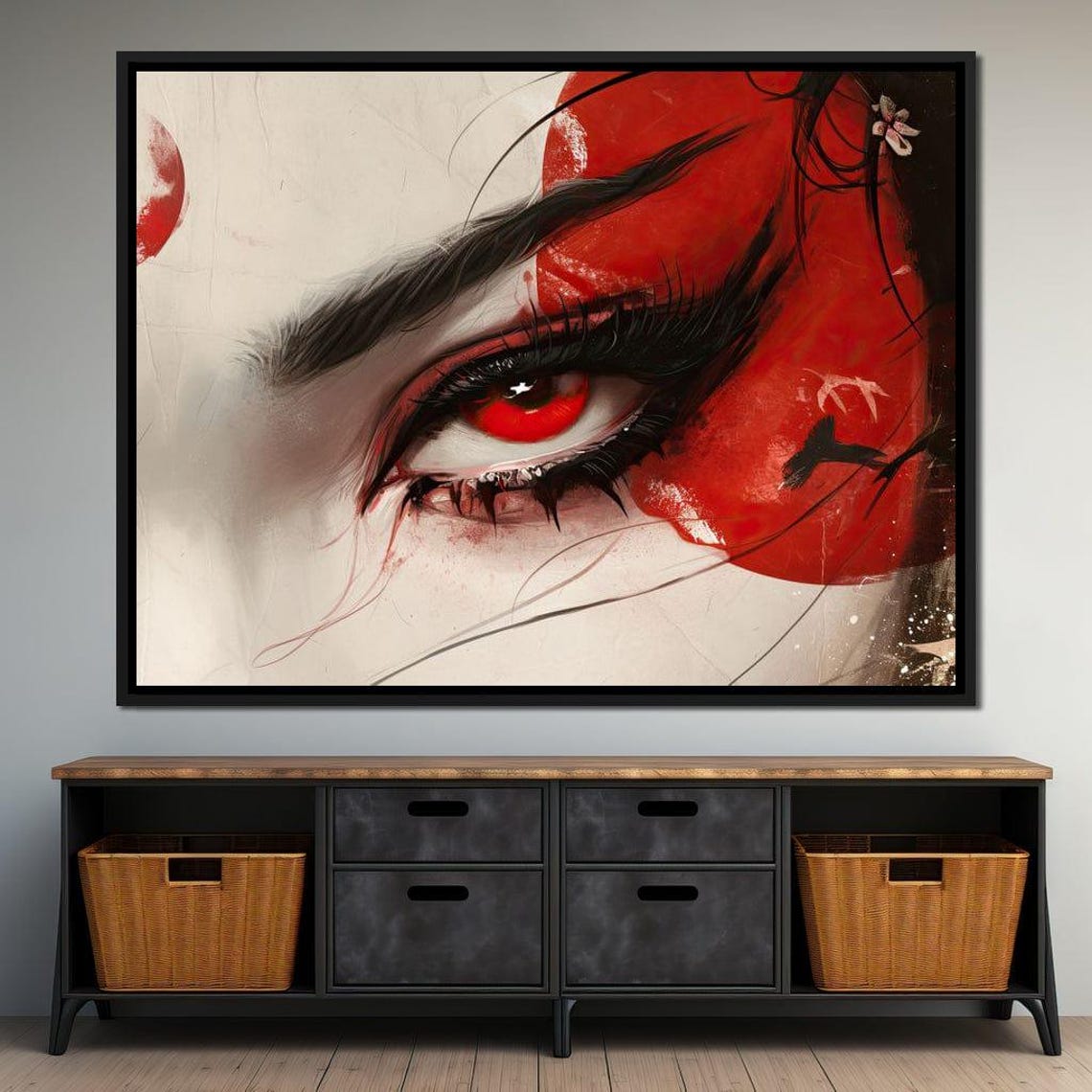 Crimson Gaze Geisha Eye Close Up Red Iris Ink Brush Japanese Poster - Image 4
