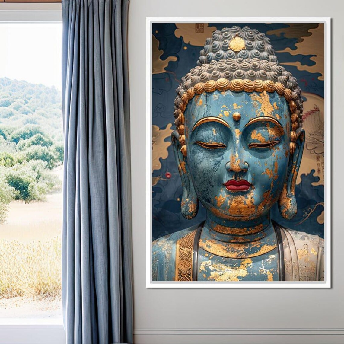 Blue Buddha Statue Gold Details Navy Background Peaceful Zen Art Poster - Image 2