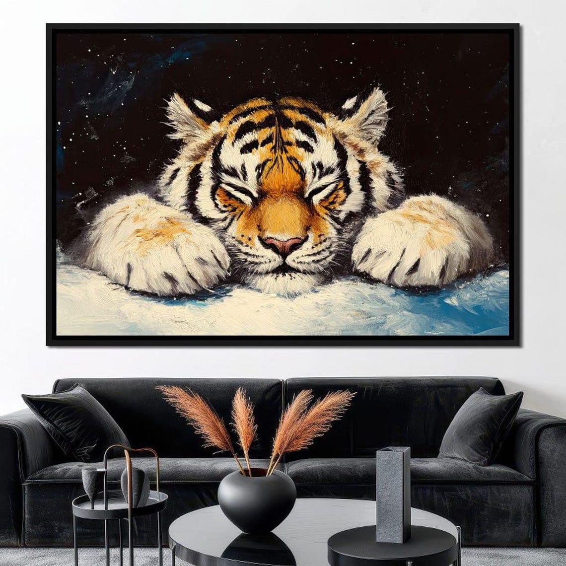 Sleeping Tiger Lying In Fresh Snow Under A Starry Night Poster - Image 4
