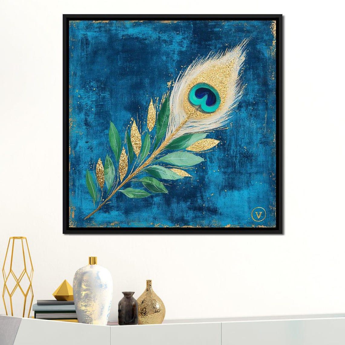 Golden Peacock Feather With Green Leaves On Turquoise Canvas Wall Art - Image 3