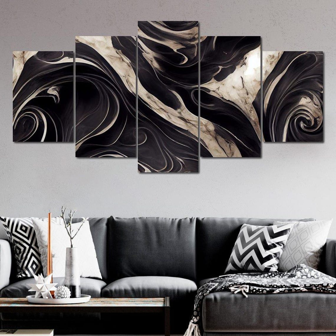 Black White Monochrome Marble Waves Five Panel Abstract Wall Art - Image 3
