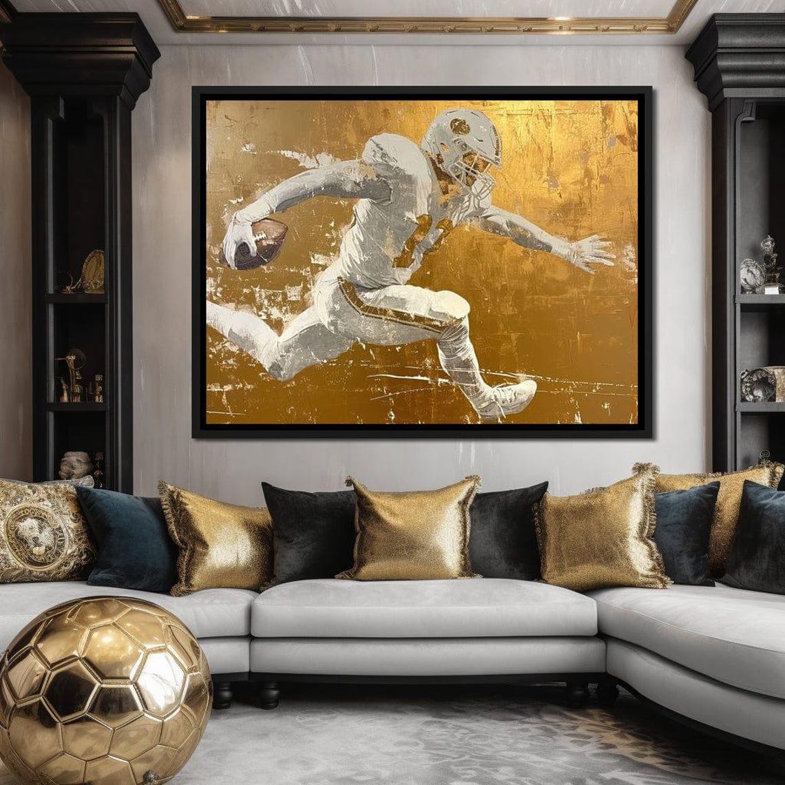 Football Player Running Ball Gold White Textured Dynamic Sports Print - Image 3