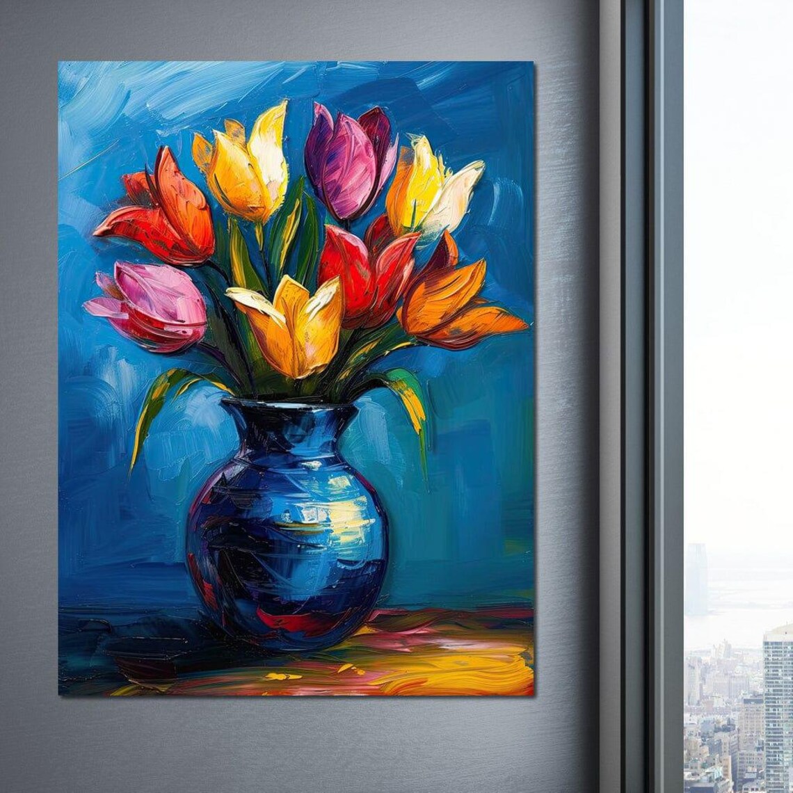 Colorful Tulips Bouquet Blue Vase Impasto Oil Painting Floral Poster - Image 3