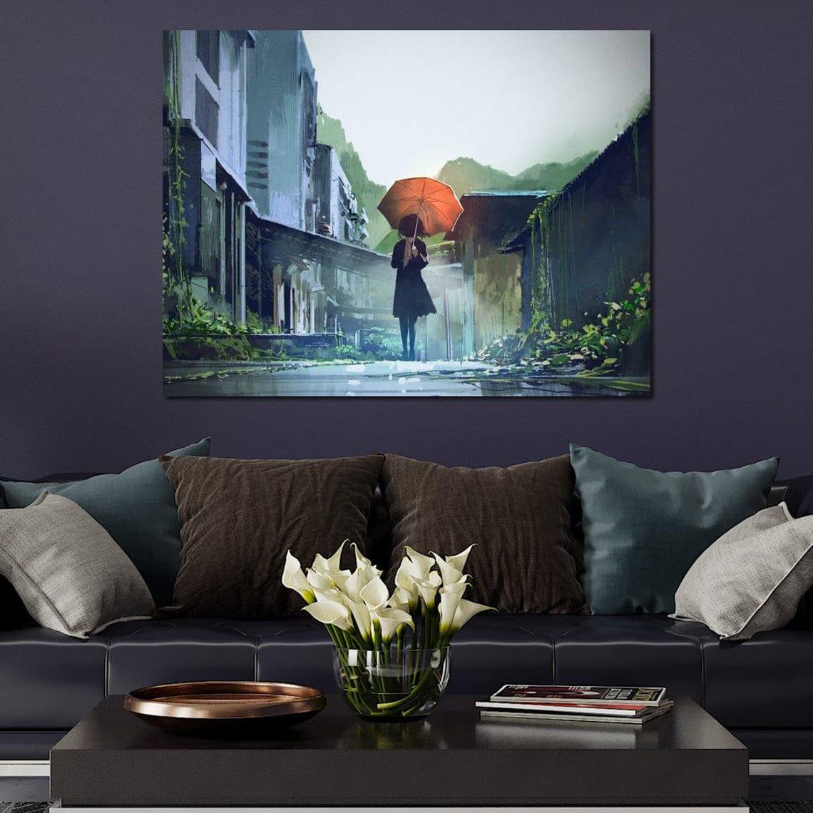 Girl with Orange Umbrella Walking in a Rainy Misty Street Scene Poster - Image 4