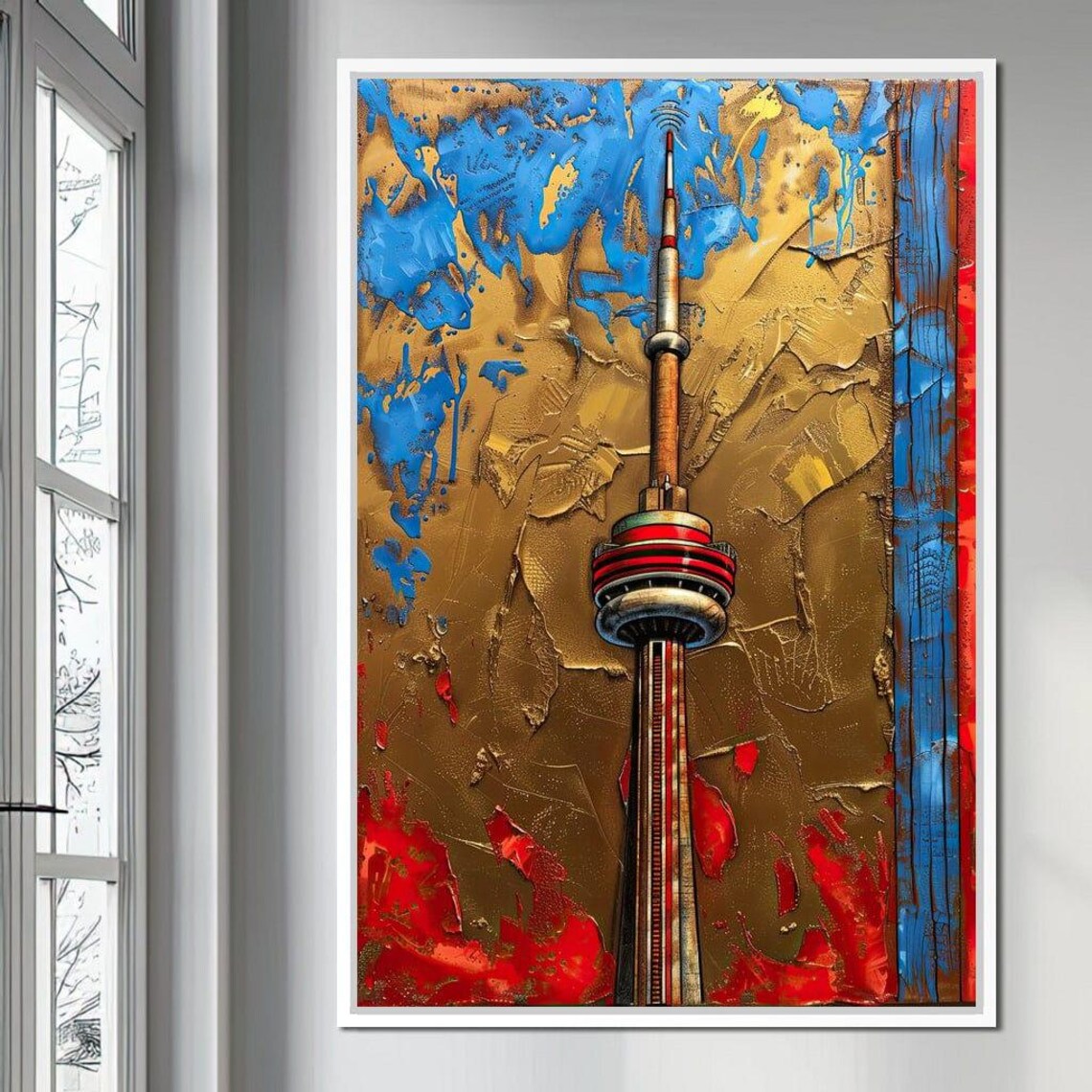 Toronto CN Tower Abstract Gold Blue Red Textured Cityscape Wall Art - Image 3