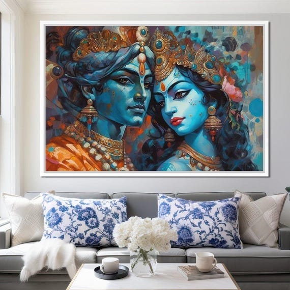 Divine Romance Hindu Deity Krishna Art Spiritual Love Home Decor Vibrant Mythological Couple Indian Culture By Nichecanvas