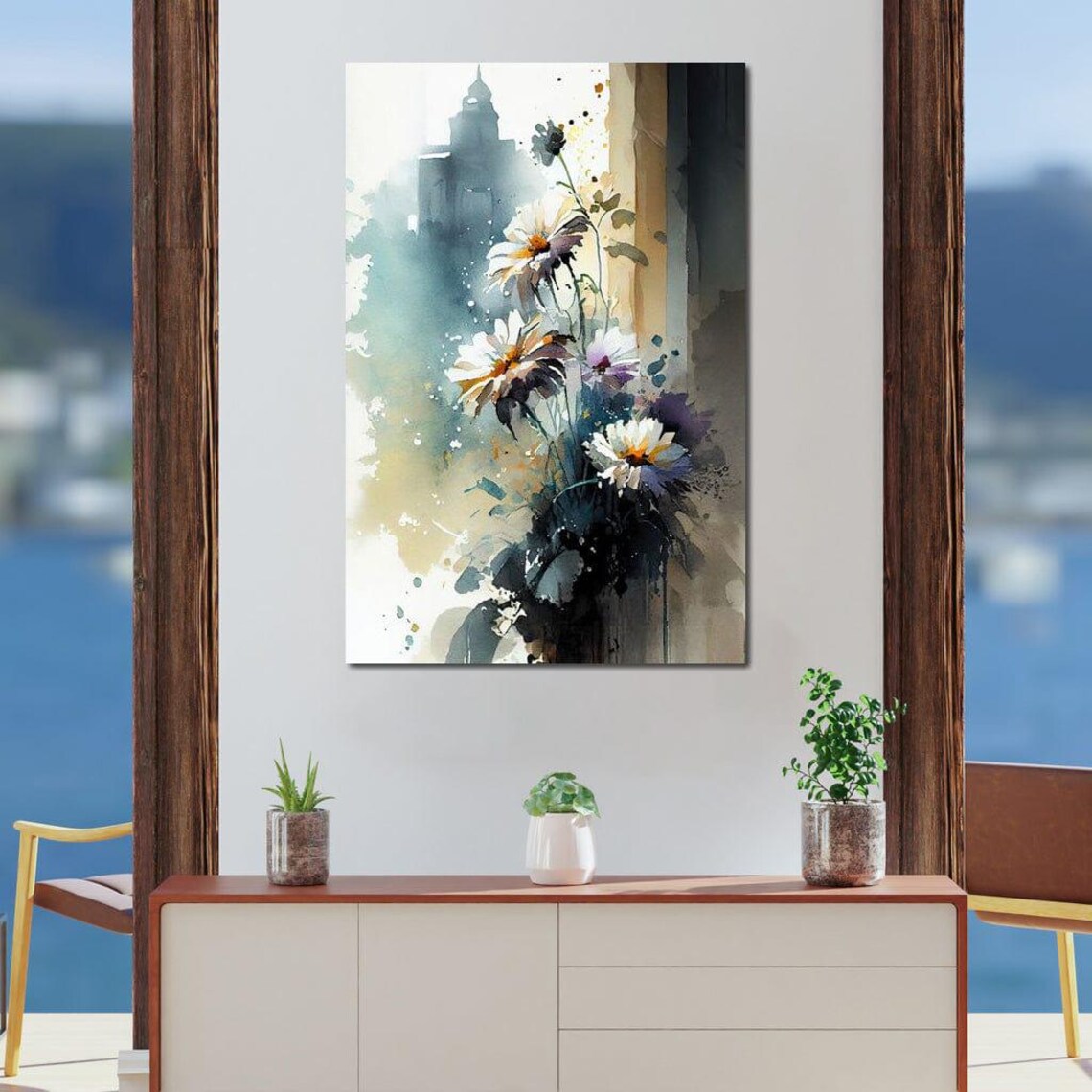 White Wildflowers Watercolor Teal Gold Wash Abstract Floral Wall Art - Image 3
