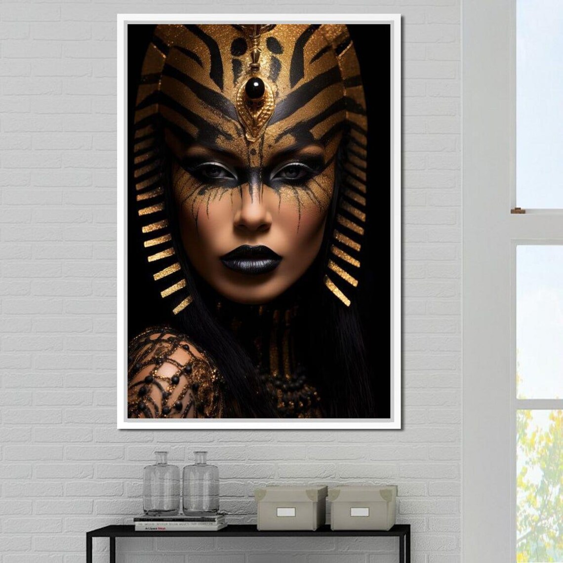 Egyptian Queen Gold Black Pharaoh Headdress Regal Beauty Art Print - Image 2