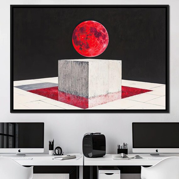 Red Blood Moon Above White Concrete Cube Geometric Cosmic Minimalist Print