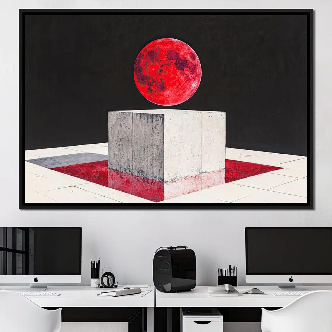 Celestial Sphere Suspended Lunar Wall Art Abstract Red Moon Modern Home Decor Geometric Cosmic Design By Nichecanvas