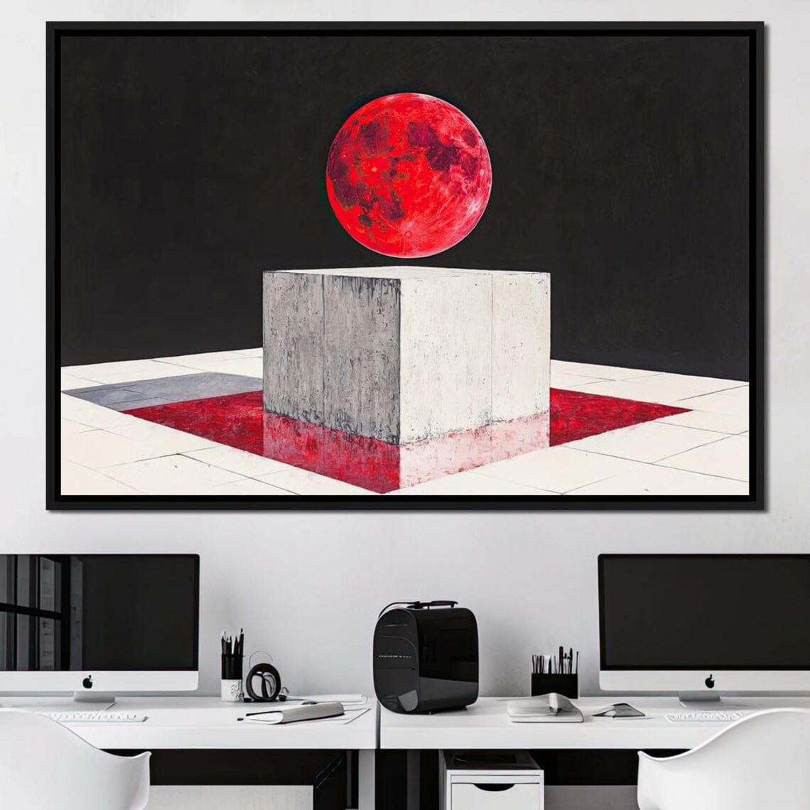 Red Blood Moon Above White Concrete Cube Geometric Cosmic Minimalist Print