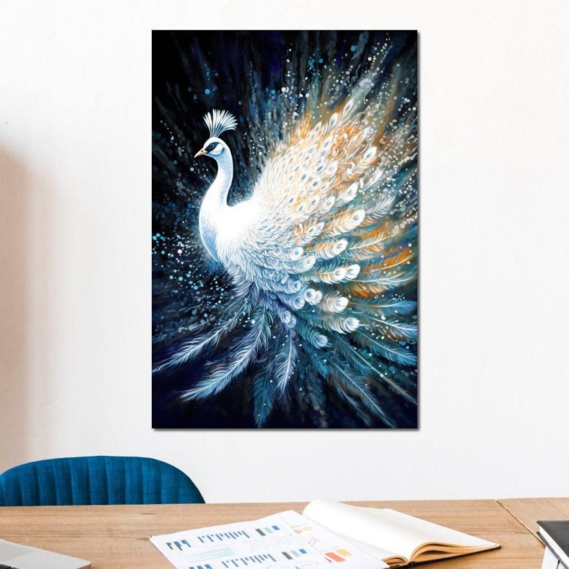 White Peacock Spread Wings Blue Gold Feathers Night Sparkle Art Poster - Image 4