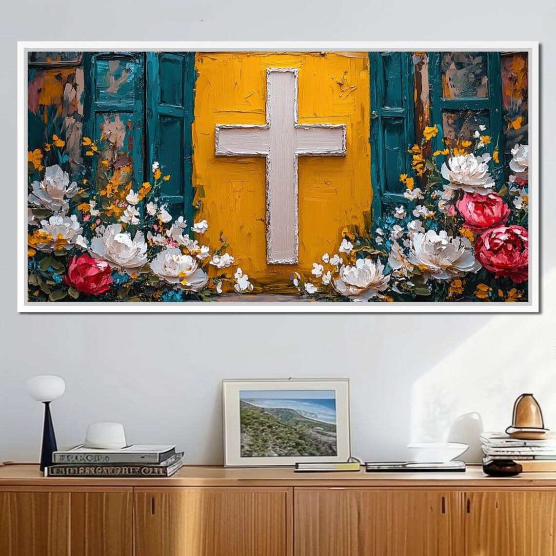 Christian Cross On Yellow Door Surrounded By Colorful Flowers Faith Wall Poster - Image 4
