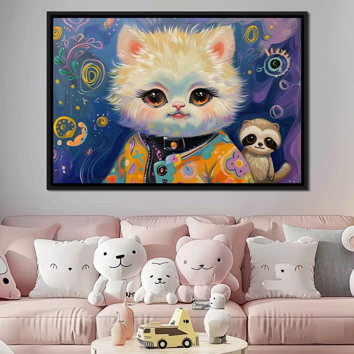 Cute Cartoon Kitten Colorful Jacket With Sloth Friend Kids Art Print - Image 4