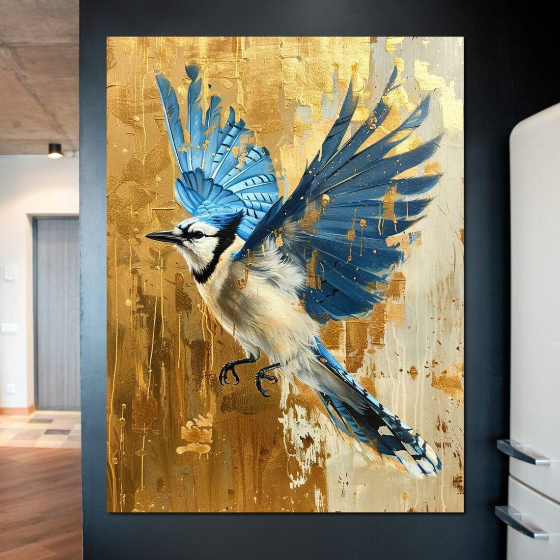 Blue Jay in Flight Golden Background Majestic Bird Wall Art Poster - Image 2