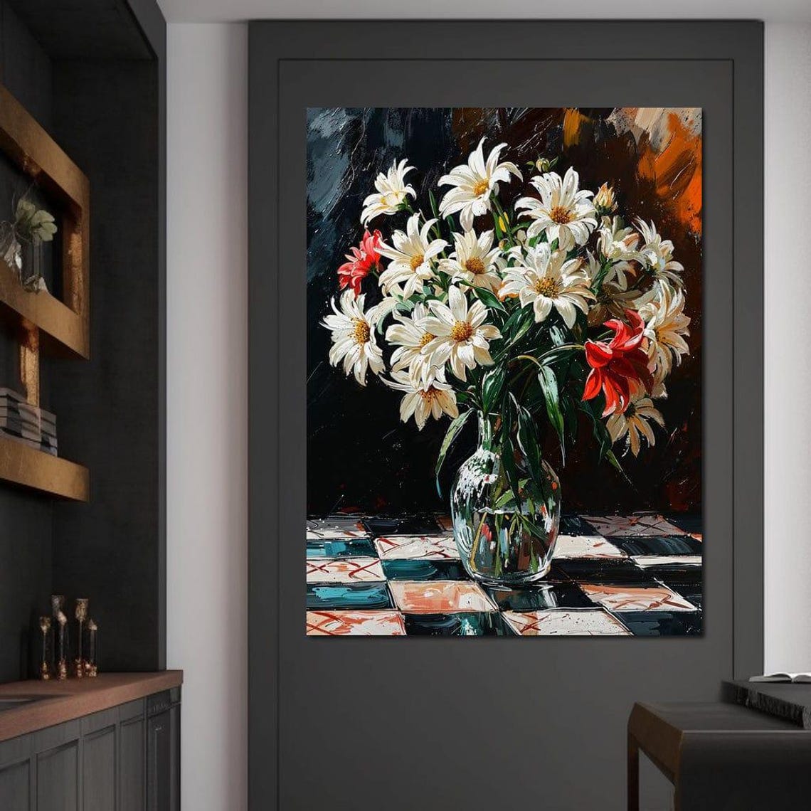 White Daisies Red Accent Glass Vase Checkerboard Still Life Print - Image 2