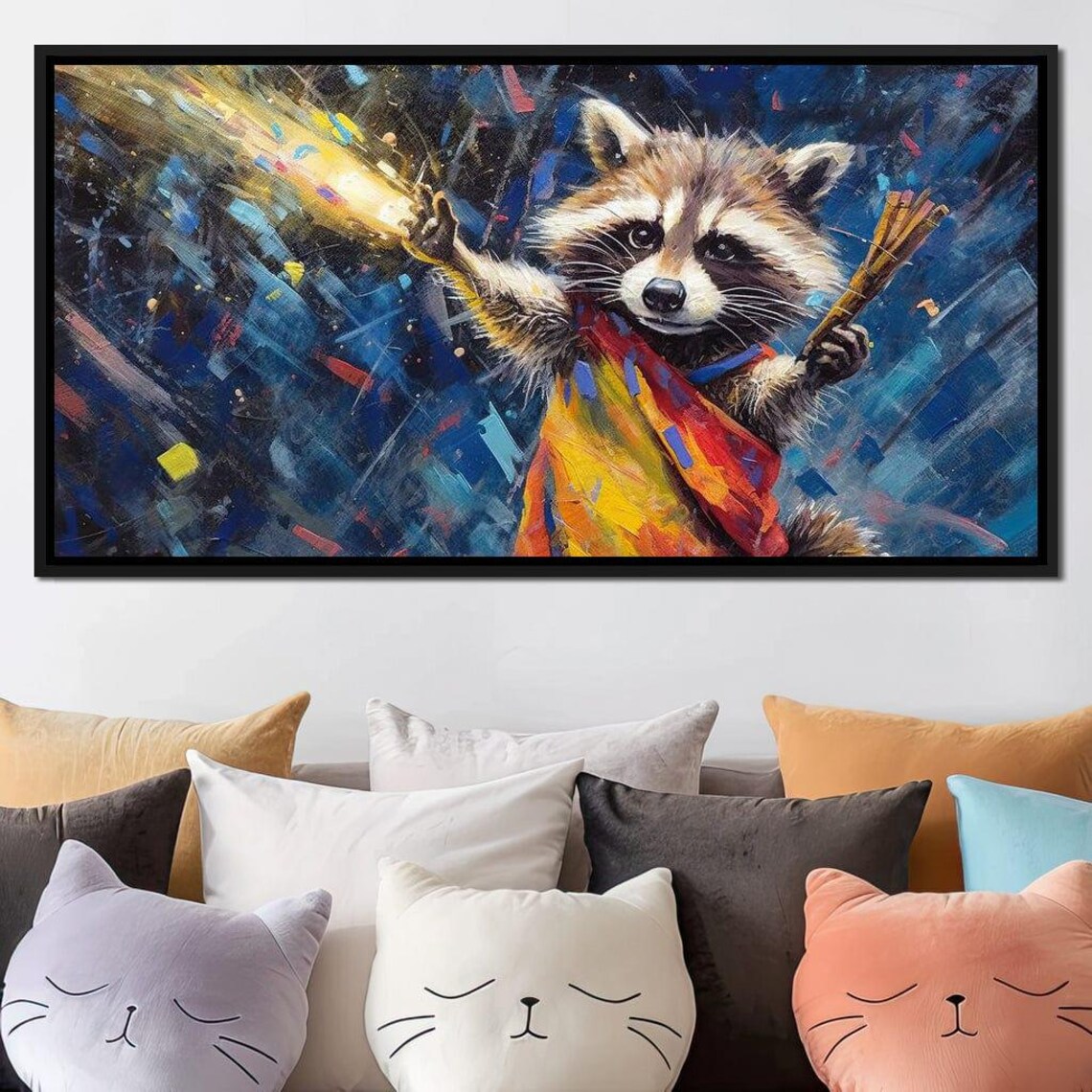 Raccoon Holding Sparklers Colorful Night Sky Whimsical Kids Room Poster
