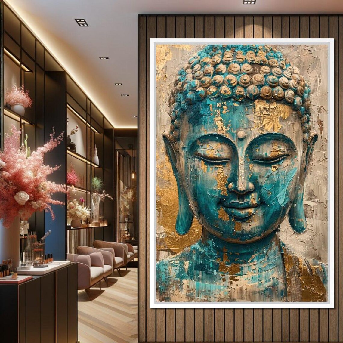 Turquoise Buddha Face Gold Leaf Texture Serene Zen Spiritual Art Poster - Image 3