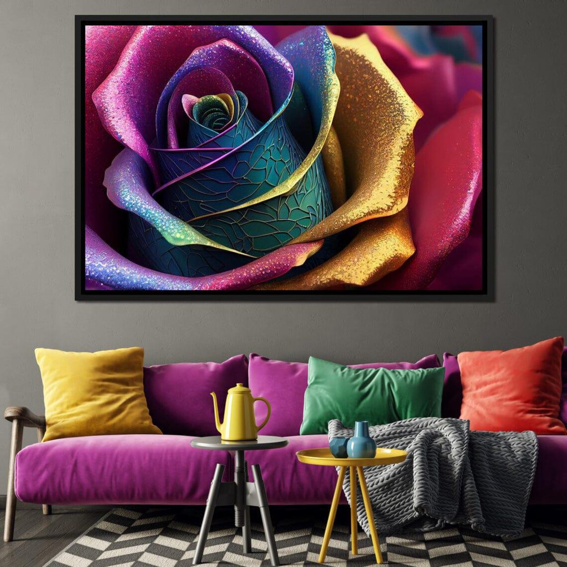 Rainbow Rose Close Up Glitter Petals Vibrant Floral Wall Art Poster