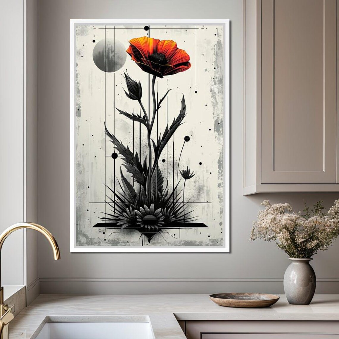 Single Red Poppy Black Leaves Moon Minimalist Botanical Poster - Image 2