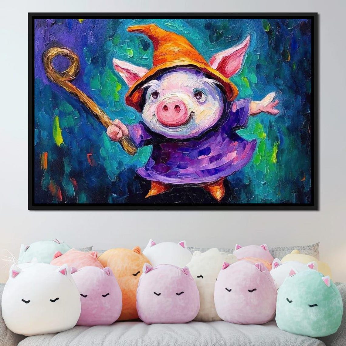 Piglet Wizard Cute Magic Hat Wand Purple Robe Kids Fantasy Art Poster - Image 2