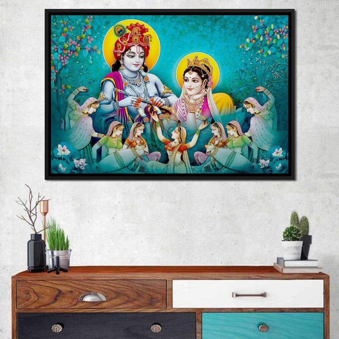 Krishna Playing Flute Gopis Dance Vibrant Hindu Festival Wall Art - Image 2