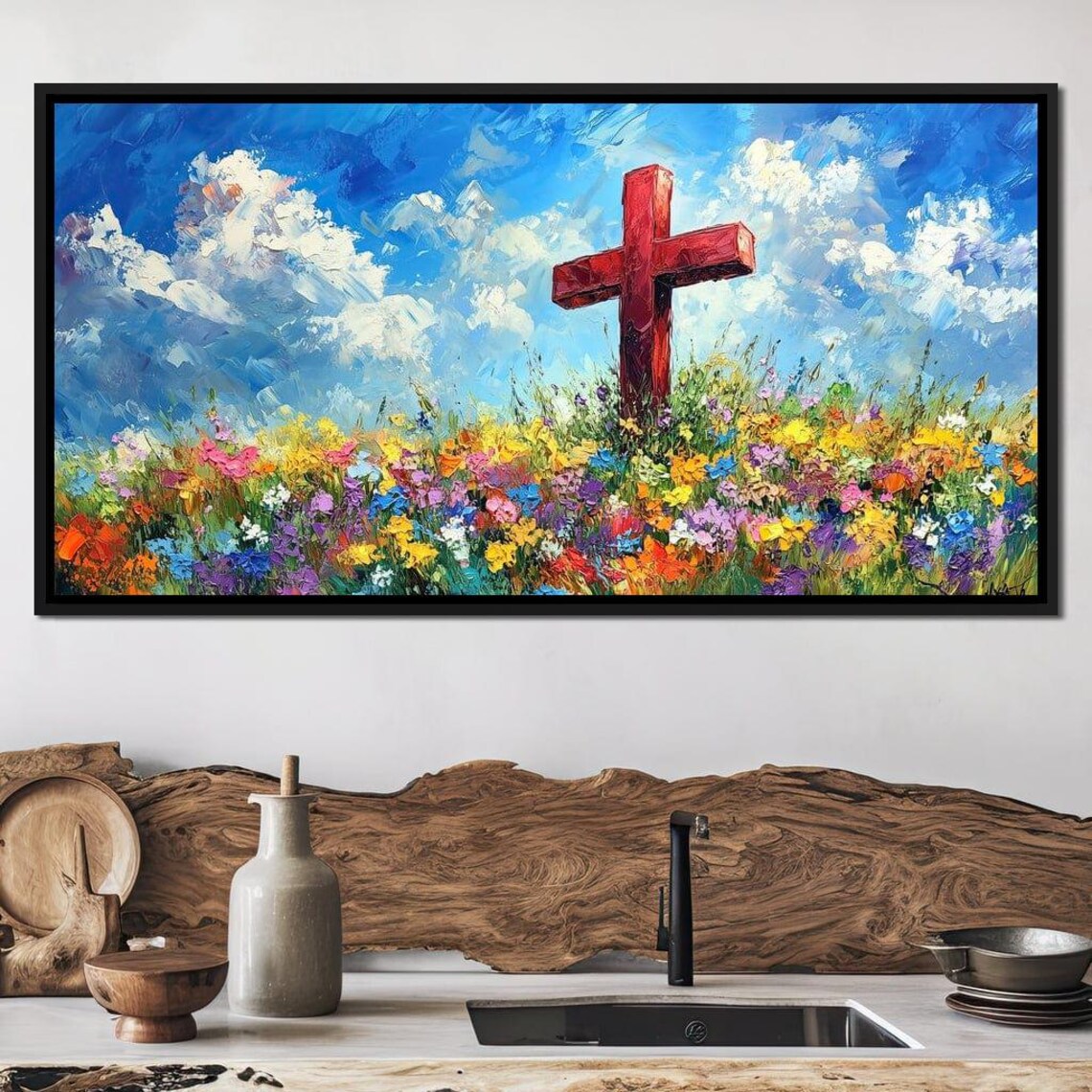 Red Cross Wildflower Meadow Blue Sky Christian Inspirational Poster