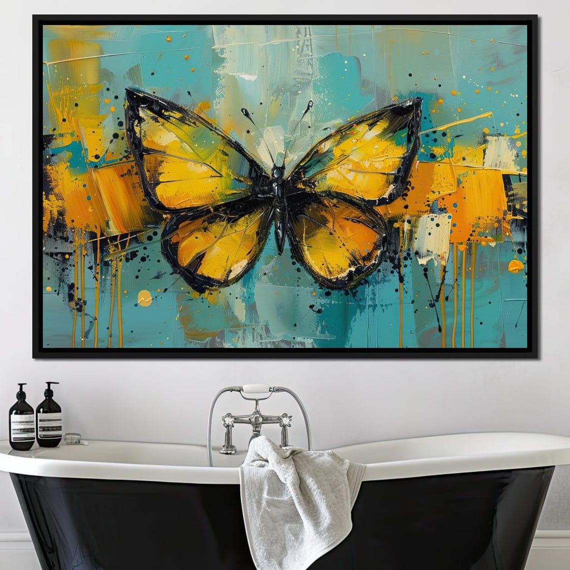 Golden Yellow Butterfly Abstract Teal Splash Five Panel Canvas Poster - Image 4