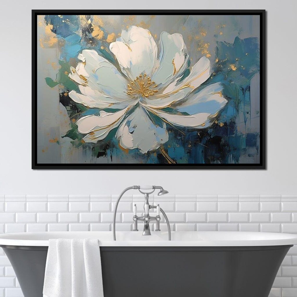 White Flower Gold Center Teal Blue Impasto Floral Wall Art Poster - Image 2