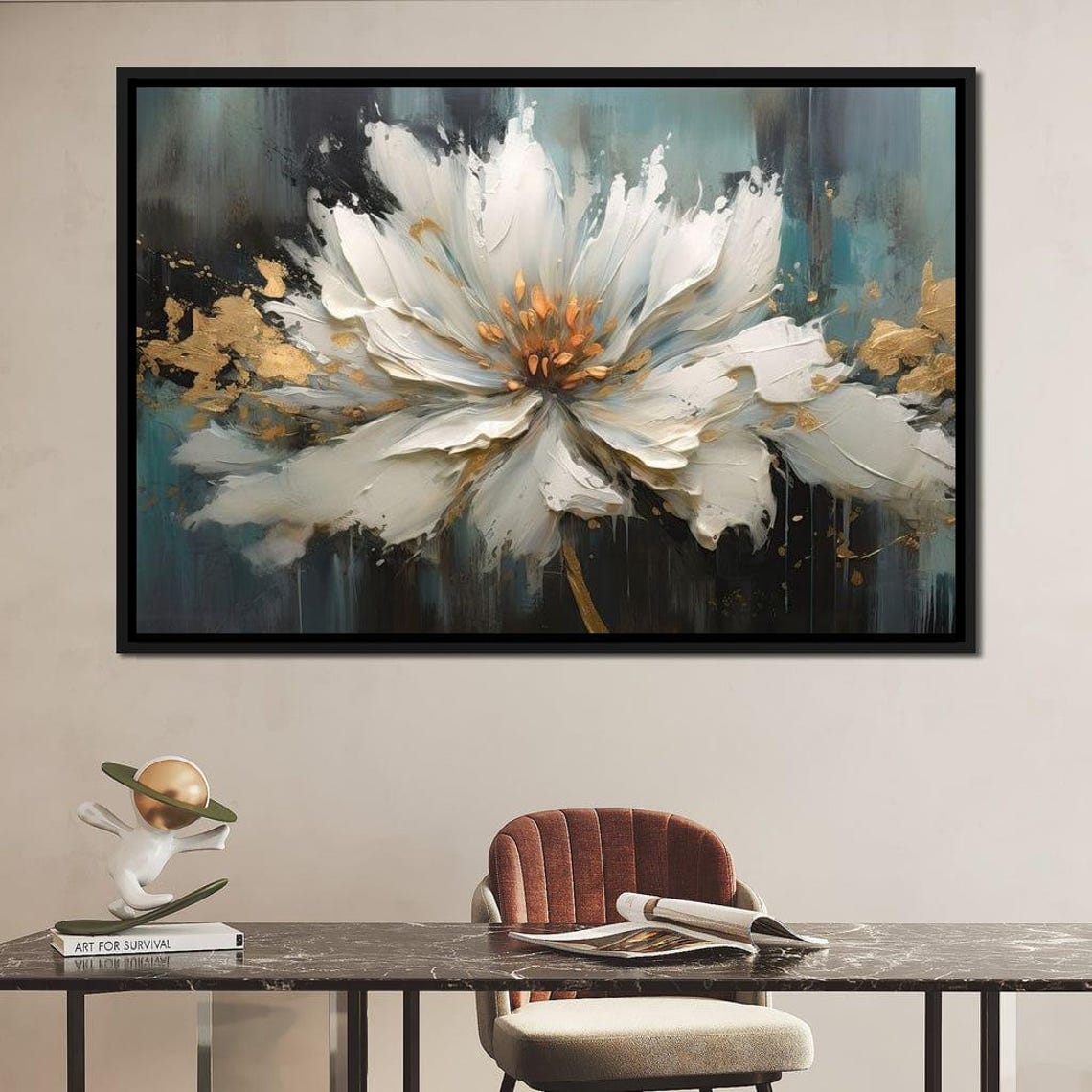 White Bloom Gold Splatter Five Panel Floral Modern Art Print - Image 2