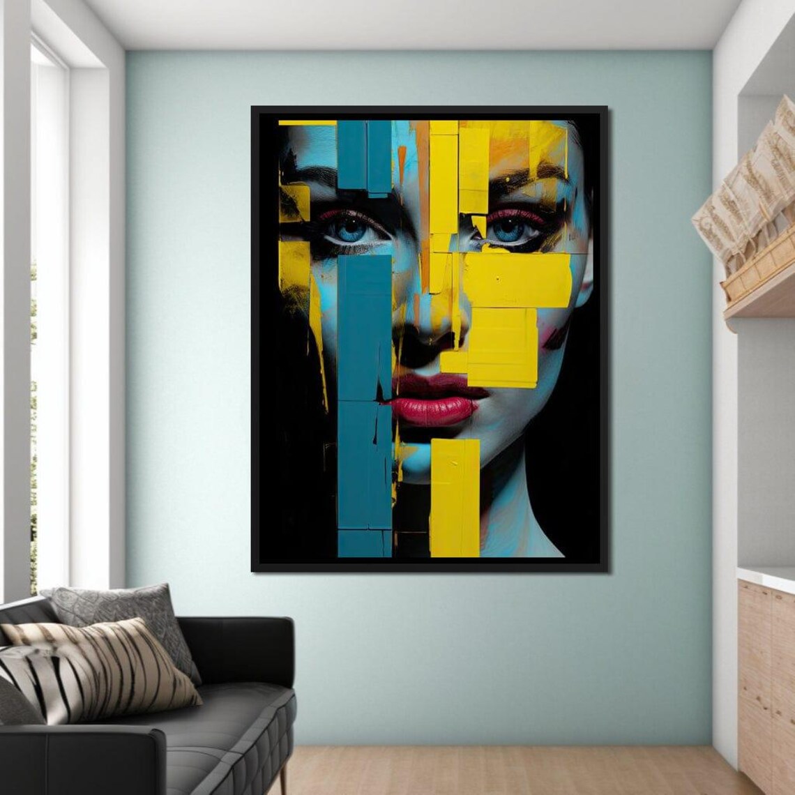 Fragmented Identity Yellow Teal Cubist Face Contemporary Art Print