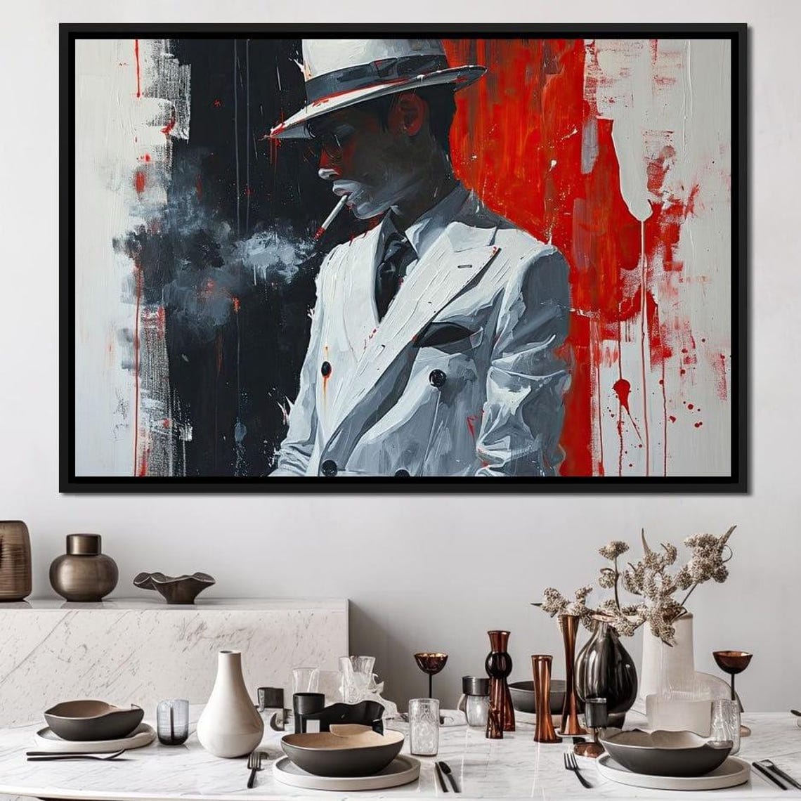 Man White Suit Fedora Smoking Cigarette Red Black Noir Portrait Print - Image 4