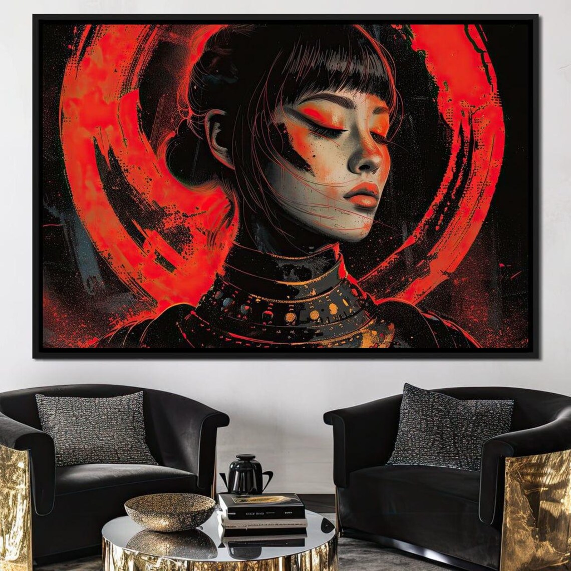 Japanese Geisha Red Moon Warrior Woman Fantasy Portrait Art Print