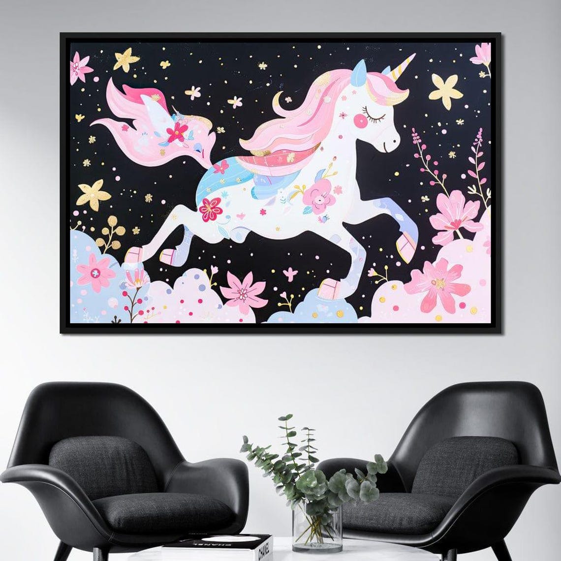 Pink Mane Unicorn Galloping Among Blossoms Floral Fantasy Poster - Image 2