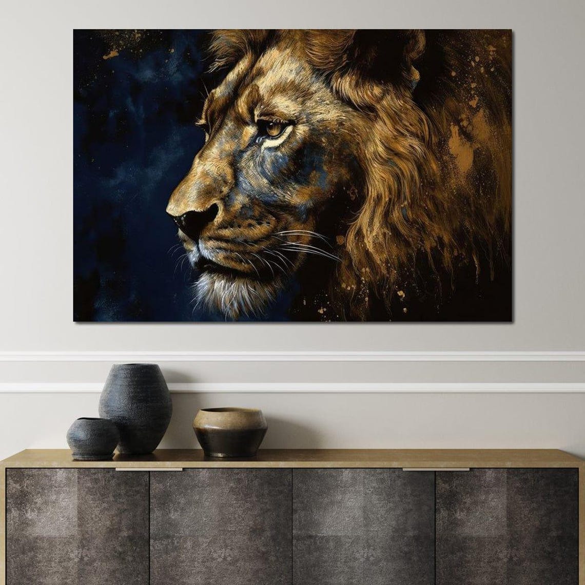 Golden Lion Profile Dark Blue Background Regal Wildlife Art Poster - Image 4