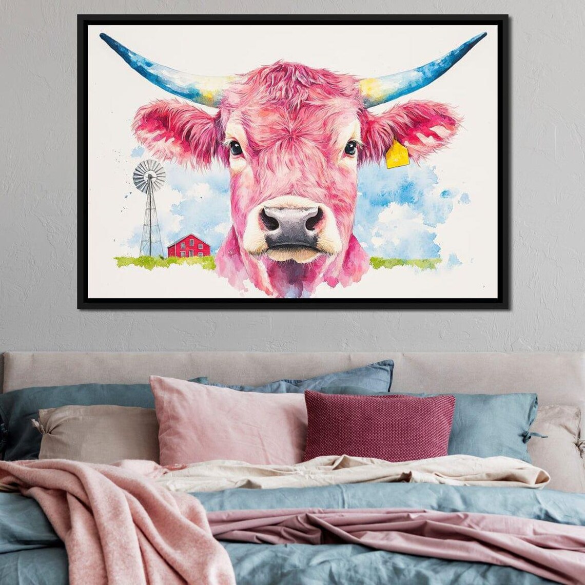 Pink Watercolor Cow With Blue Horns By A Red Barn Farmhouse Art Print - Image 2