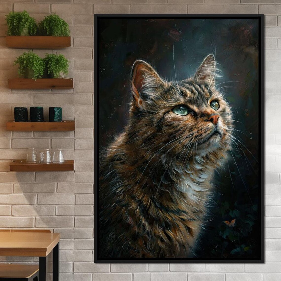 Tabby Cat Green Eyes Portrait Long Haired Kitty Dark Painterly Wall Art