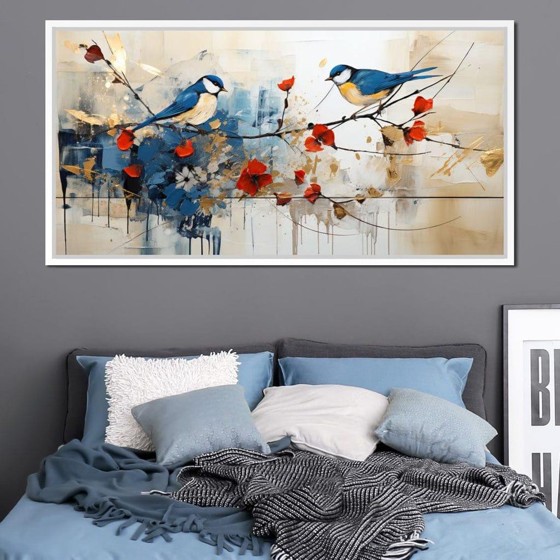 Bluebirds On Blossom Branch Five Panel Canvas Wall Art Poster - Image 3