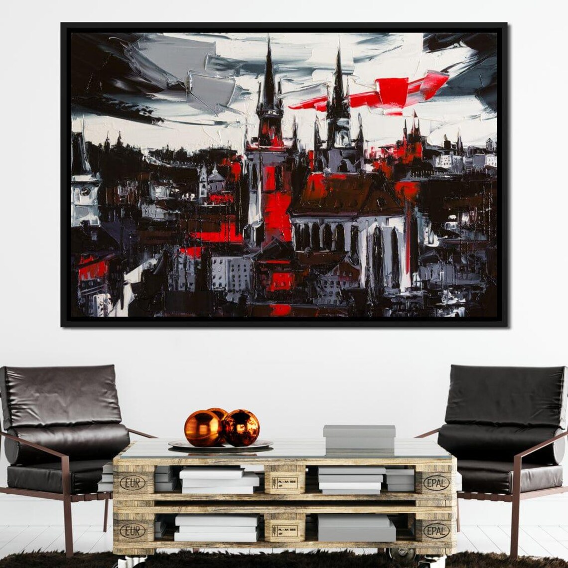 Gothic Cathedral City Skyline Dark Red Oil Painting Urban Art Print